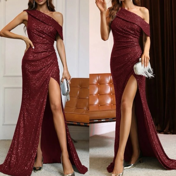 Luxe burgundy one shoulder slit thigh party formal evening sequins dress